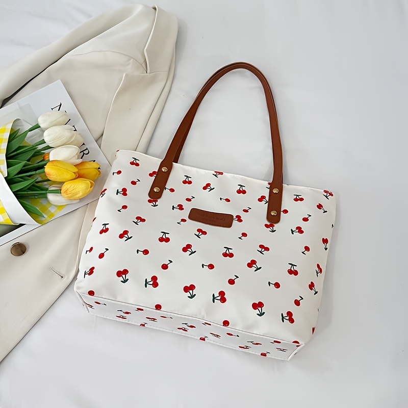 TEMU Women'-shoulder Bag With Cherry Print, Easily Fits Books, Laptops, Umbrellas, And Personal Items. Suitable For School, Commuting, Shopping, And