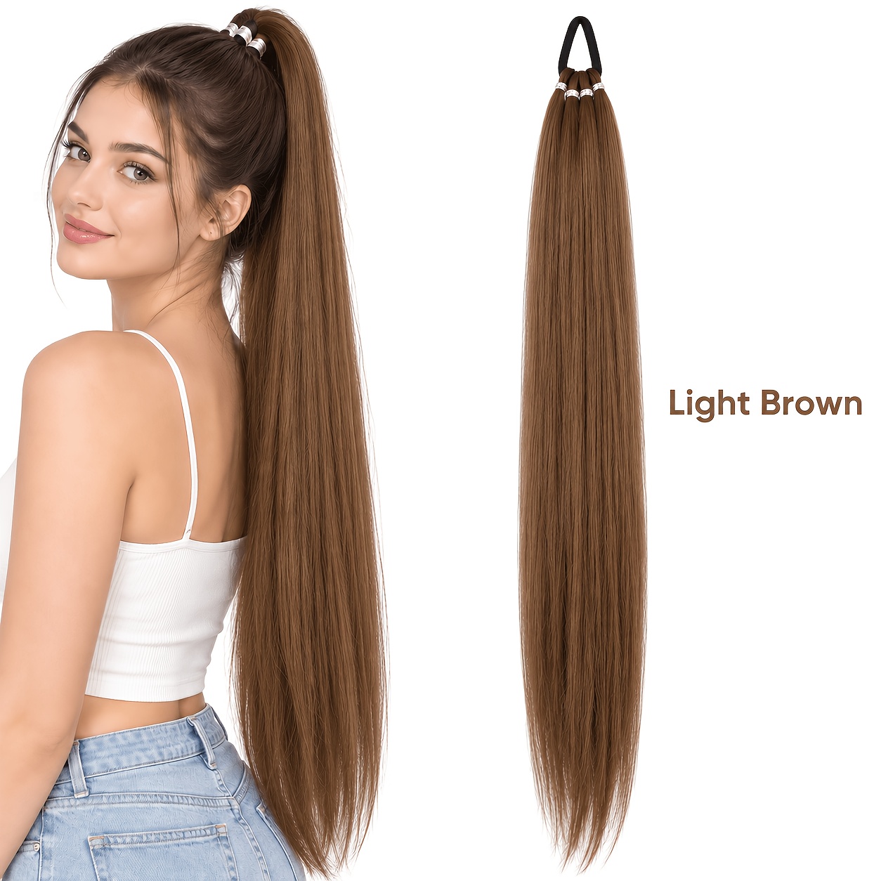 TEMU Long Straight Ponytail Hair Tie Elastic Headband, Women's Synthetic Fake Ponytail Hair Accessory, Heat-resistant Hairpiece, Easy To Match With