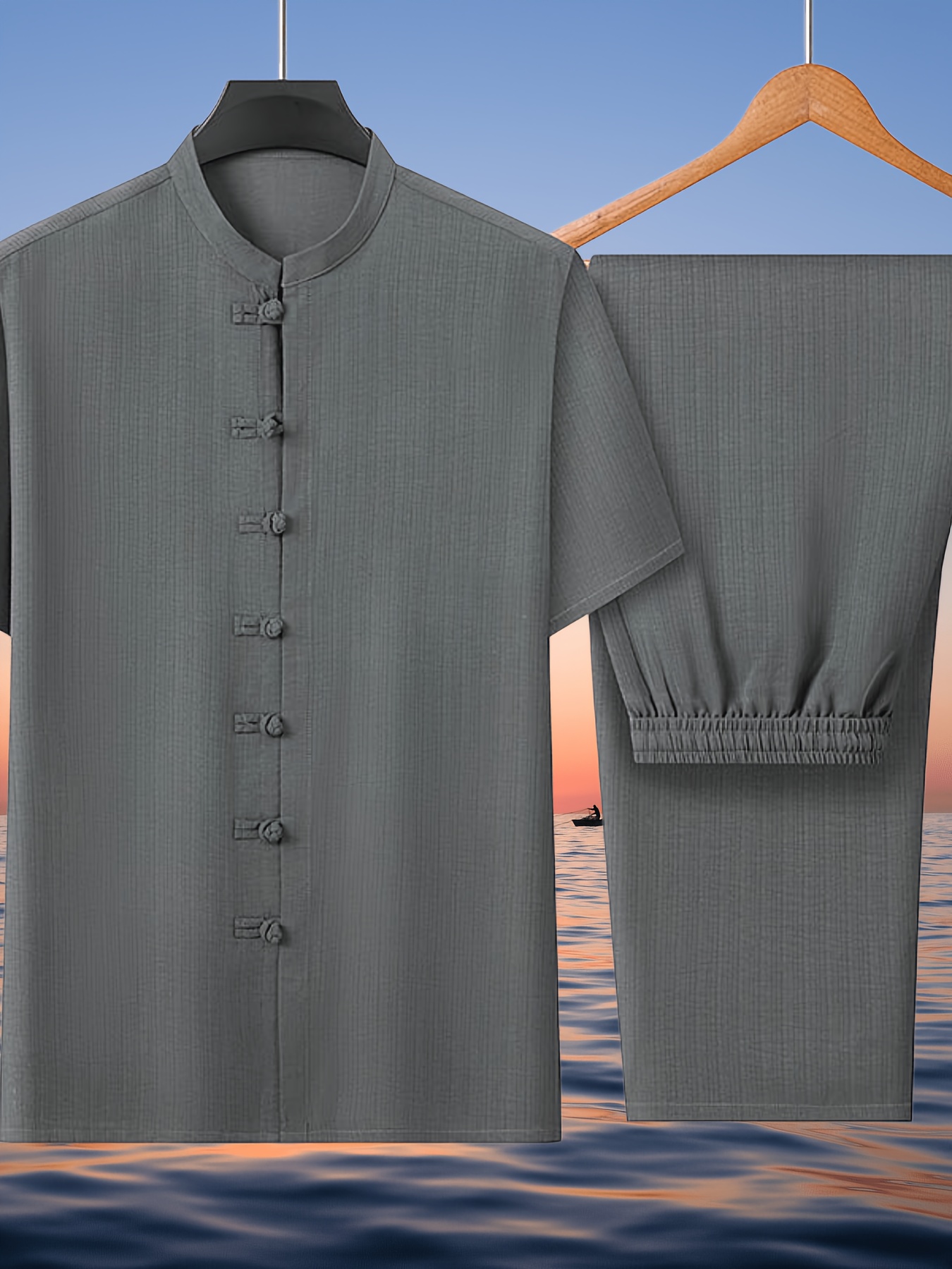 mens casual suit mens chinese style outfit button design mens short sleeve and long pants