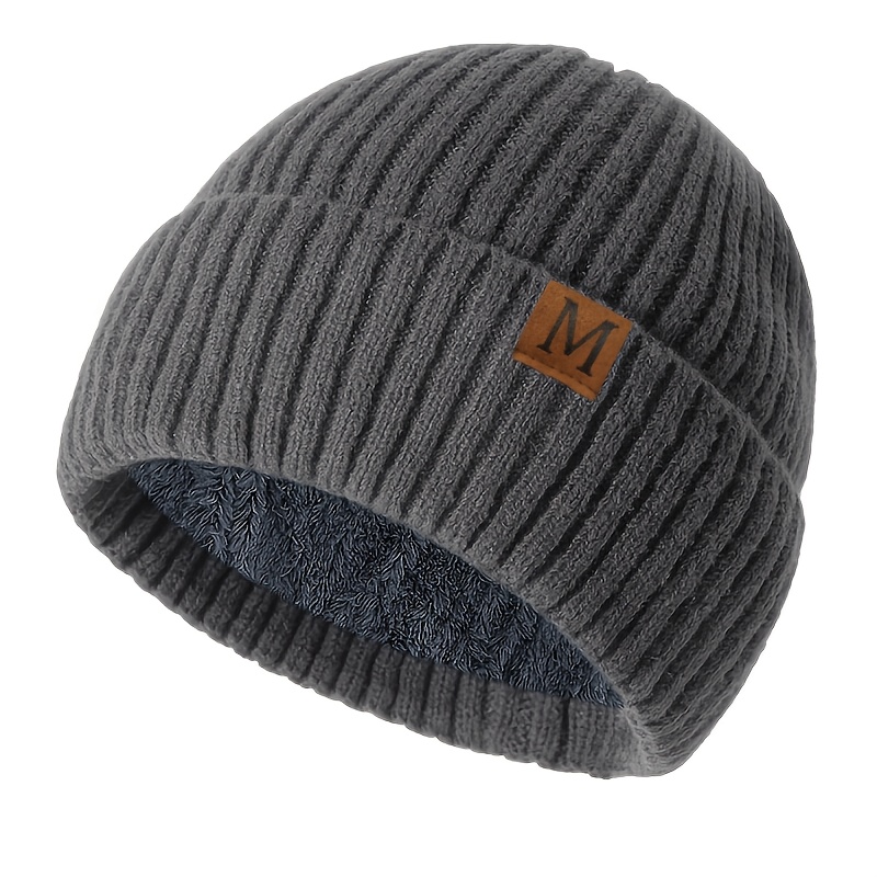 TEMU A Plush-lined, Thickened Knitted Beanie For Autumn And Winter, Featuring An "m" Label. -friendly, Cold-resistant, And Warm. Unisex, Simple, And