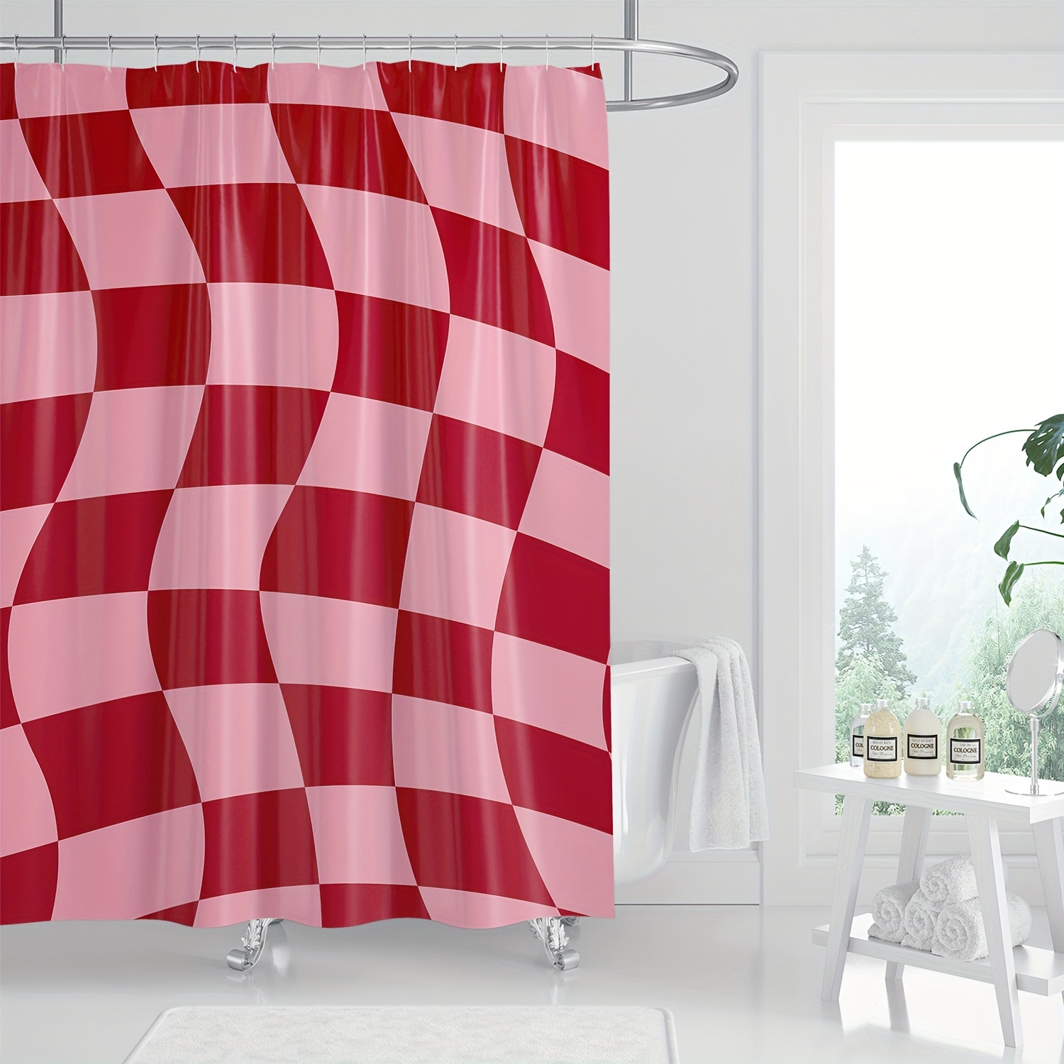 

Seasonal Red Checkered Digital Print Shower Curtain With Hooks - Waterproof, Machine Washable, Knit Fabric, Artistic Design, Suitable For All Seasons