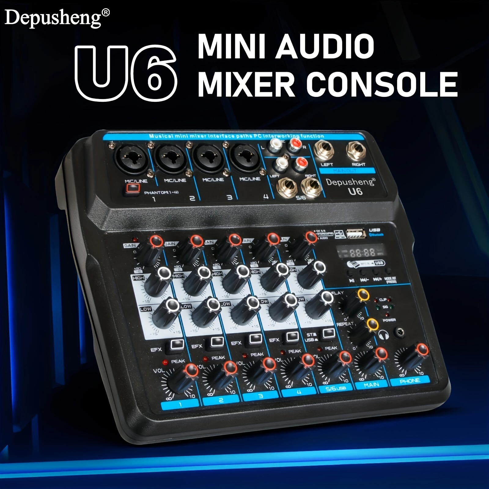 Depusheng U6 Audio Mixer 6-CHANNEL DJ Sound Controller Interface with Depusheng U6 Audio Mixer Console Sound Controller Interface for