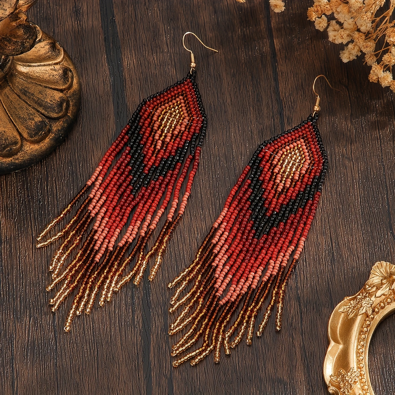 Image of Vintage Bohemian Beaded Tassel Earrings, Geometric Pattern, Long Tassels Draping Down The Shoulder, Versatile For Women' Wear