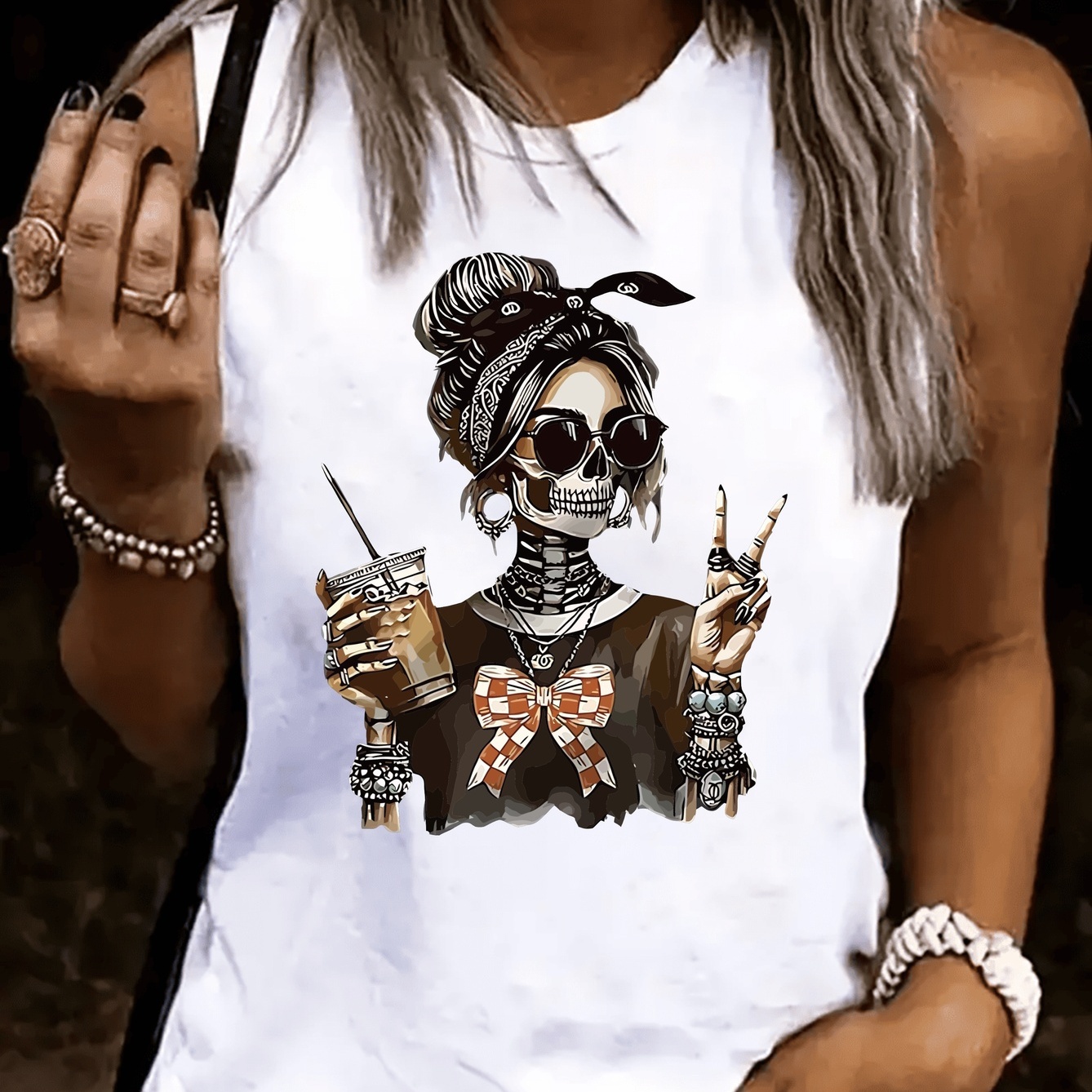 TEMU Women's Sleeveless Vest Top - Skull & Black Headscarf Print Halloween Graphic, Casual Loose Fit Breathable Round Neck Summer Tank, Machine Washable Lightweight Top, Comfortable Fabric