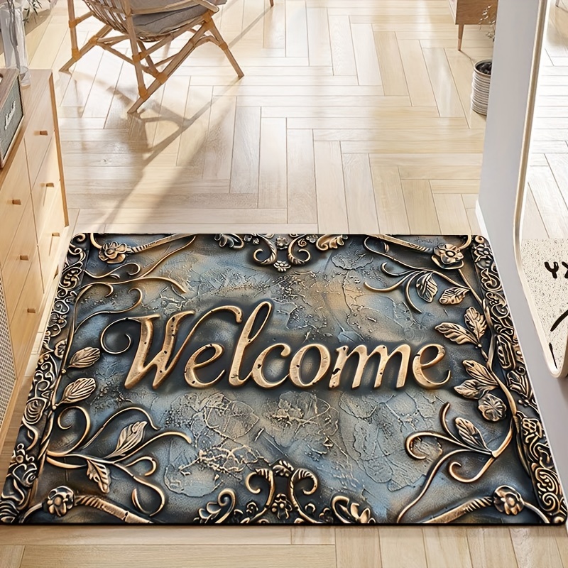 

Vintage Engraved Design Welcome Doormat, 8mm Thick Polyester Non-slip Rug, Machine Washable, Rectangular Indoor Entryway Carpet For Living Room, Bedroom, And Kitchen Decor - Set Of 1