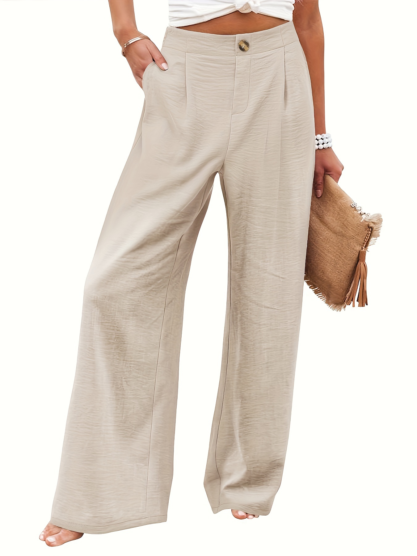 Cotton Linen Wide Leg Pants for Women Elastic High Waisted Palazzo Pants  Solid Color Casual Loose Pants with Pockets 
