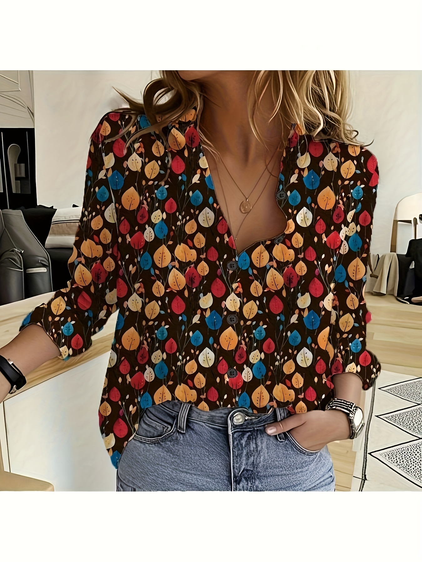 Women's Lightweight Floral Print Blouse Long Sleeve, Button-Up Shirt with  Vibrant Orange, Red Yellow Flowers on White Background Casual
