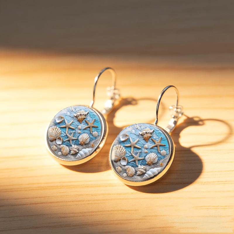 2pc White French Ear Hook Earrings Set, Ocean Theme