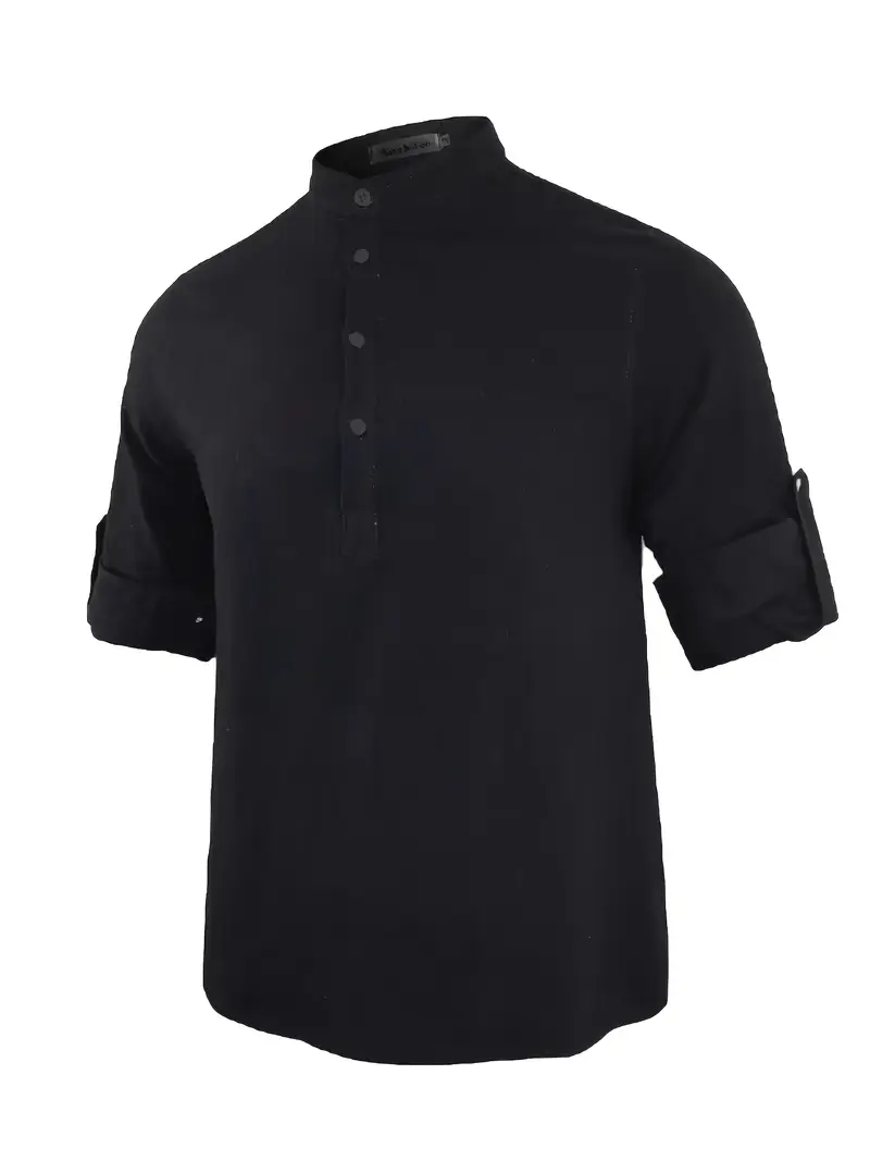 ανδρικό καθημερινό βαμβακερό λινό πουκάμισο με μακριά μανίκια - καλοκαιρινό μονόχρωμο με στάμπα γιακάς, διαπνέον & ελαφρύ, διαθέσιμο σε μεγάλα μεγέθη, μαύρο λεπτομέρειες 7