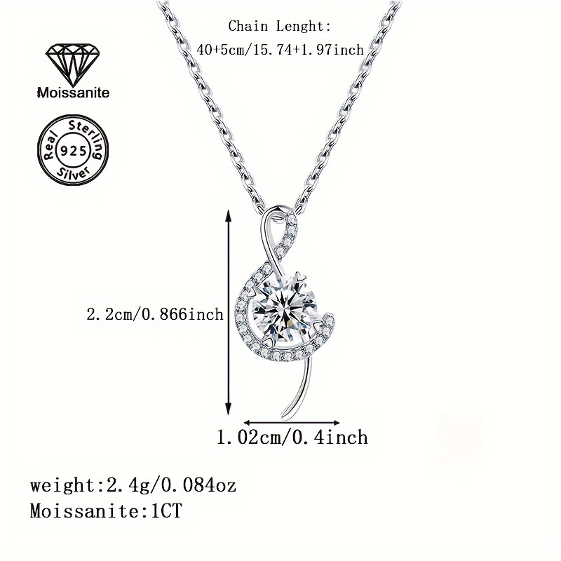 925 Silver Musical Note Pendant Necklace with Moissanite