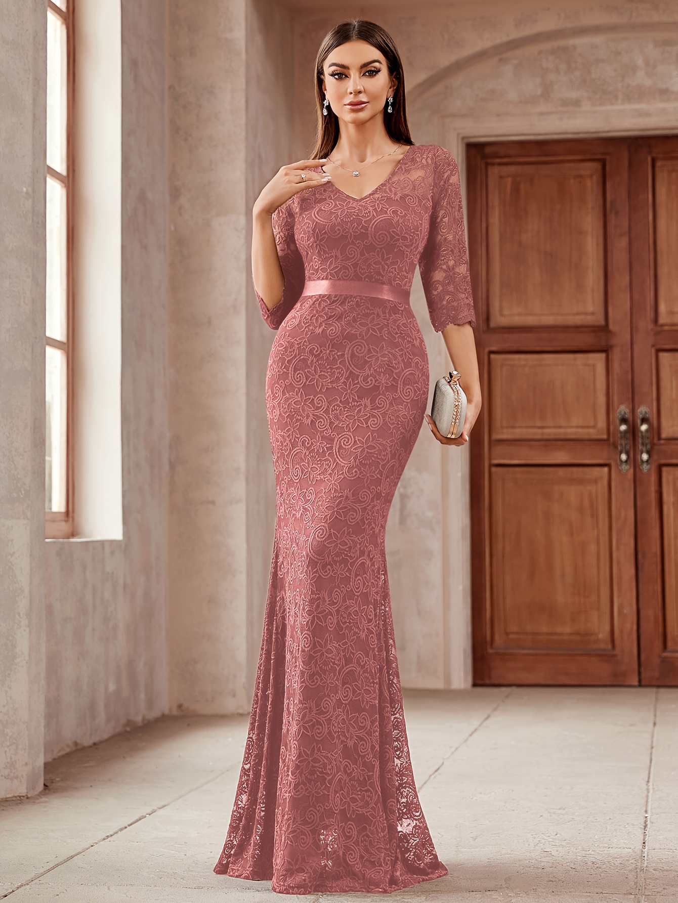 53289 Elegant Women'S Floral Lace Bridesmaid Maxi Dress, Sweetheart  Neckline with 3/4 Sleeves, High * Mermaid Hem * Formal Evening, Wedding  Party