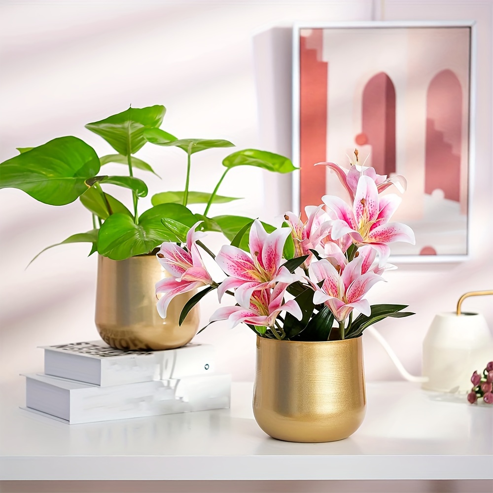 

1pc Plant Pot, Golden Vase Metal Vase With Drainage Hole, Organizer Decorative Gifts For Wedding Indoor Room Balcony Decoration