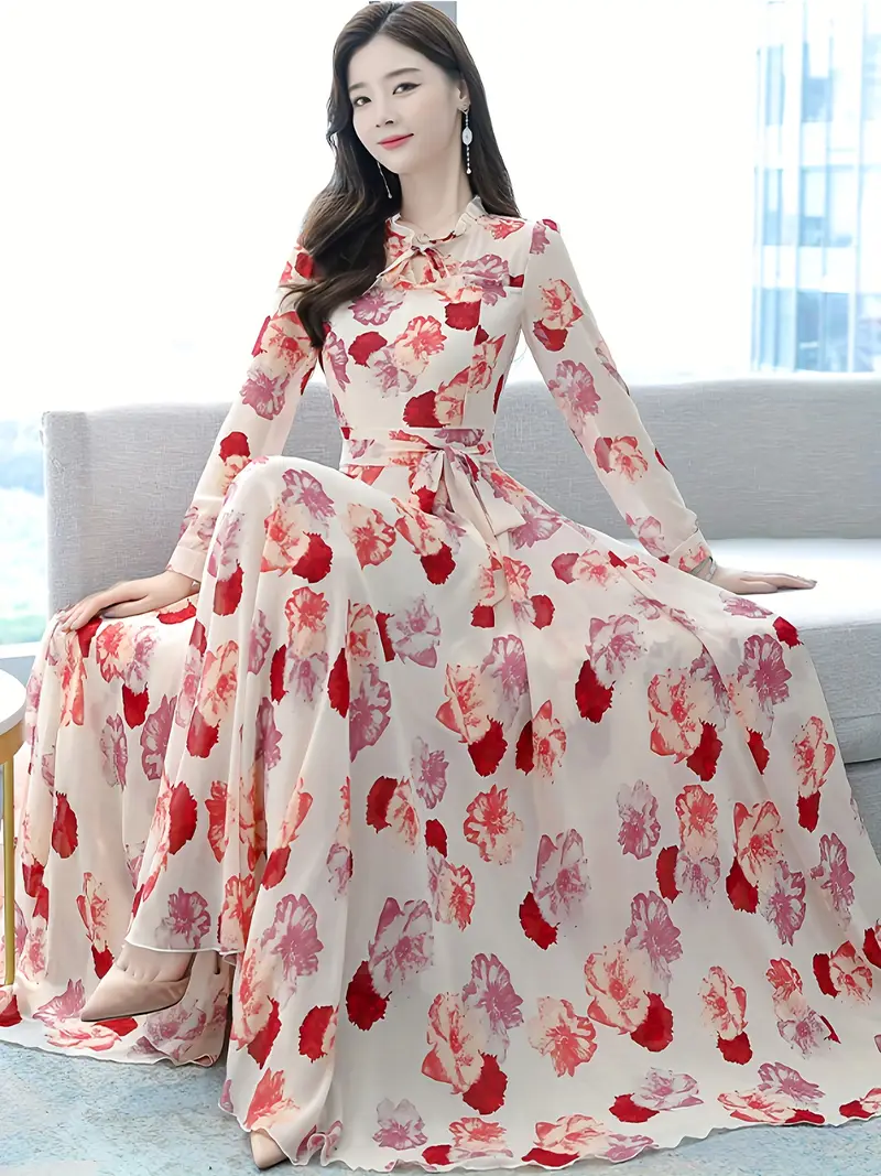 a romantic of spring flowers retro bohemian inspired elegant floral patterned long sleeved belted printed dress Product details 0