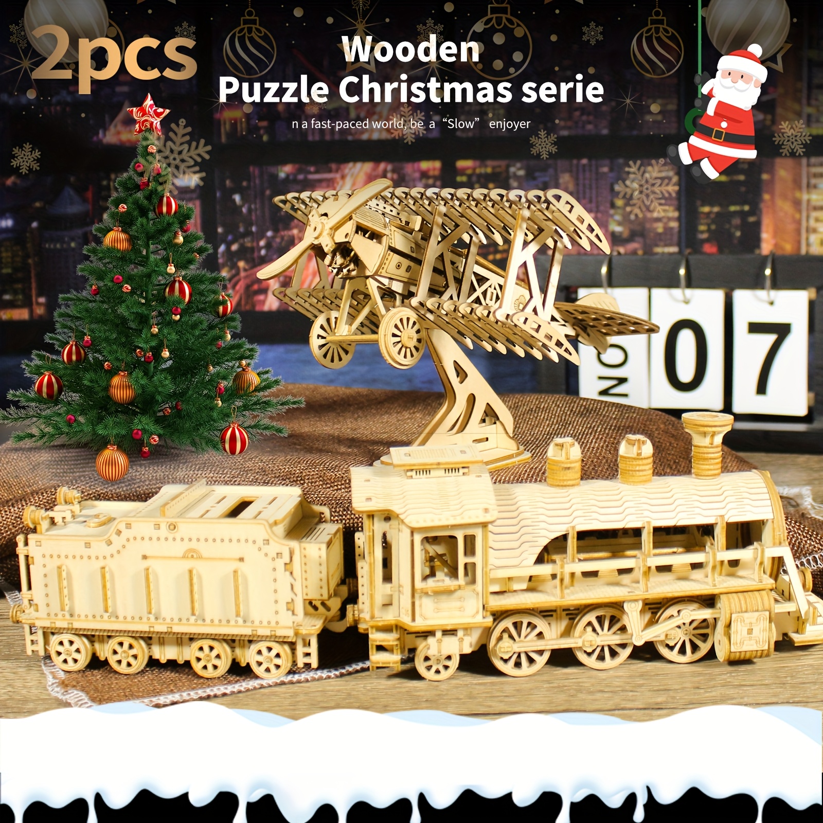 2pcs 3D Wooden Puzzle Mechanical Train and Bi-Plane Model Kits