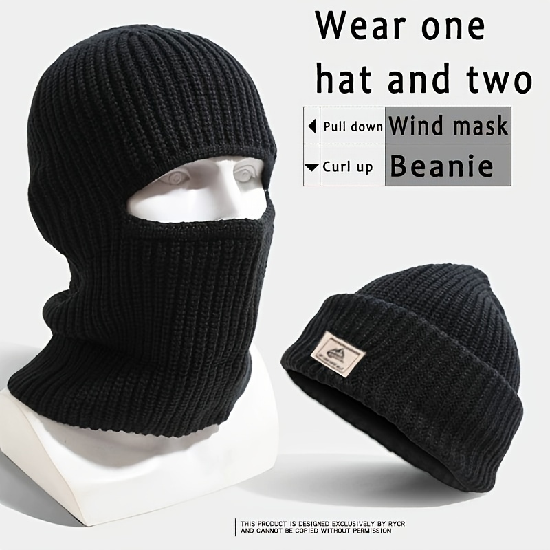 

2-in-1 Men's Knitted Balaclava & Beanie - Winter Sports, Machine Washable, Polyester - Ideal Gift For Christmas, Thanksgiving, Valentine's Day