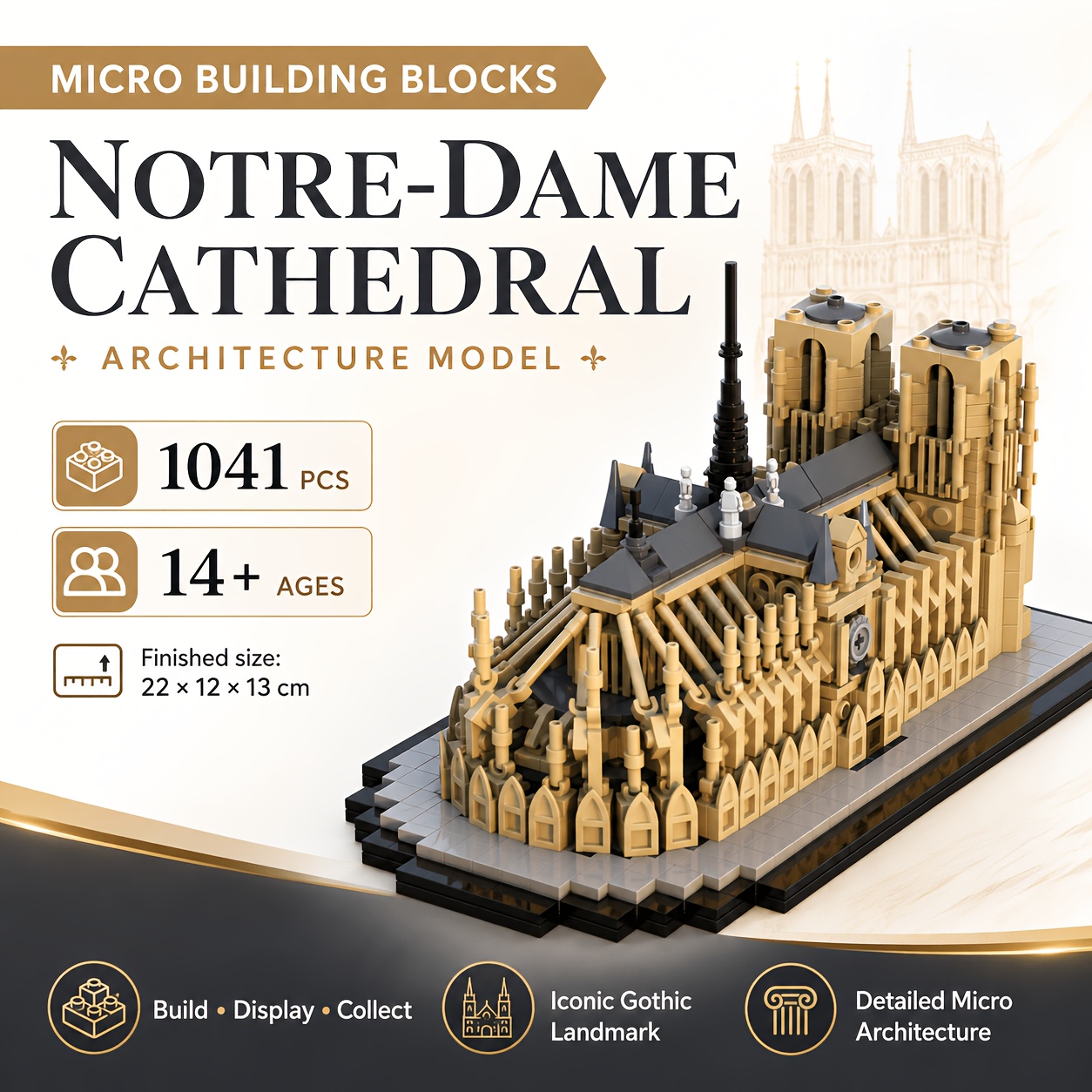 Image of [zorvathyn] 1041pcs Notre Dame Cathedral Building Set 1:800 Scale Moc Architecture Model Kit Toy For Collectors Diy Display Gift