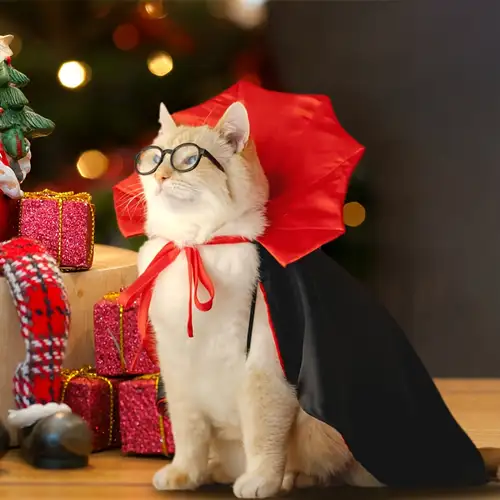 christmas cat cartoon cape, festive holiday pet costume, polyester, solid color, , small to medium breeds, machine washable, pullover design, woven fabric, no battery required | Free Shipping On Items Shipped From christmas cat cartoon cape, festive holiday pet costume, polyester, solid color, , small to medium breeds, machine washable, pullover design, woven fabric, no battery required | Free Shipping On Items Shipped From