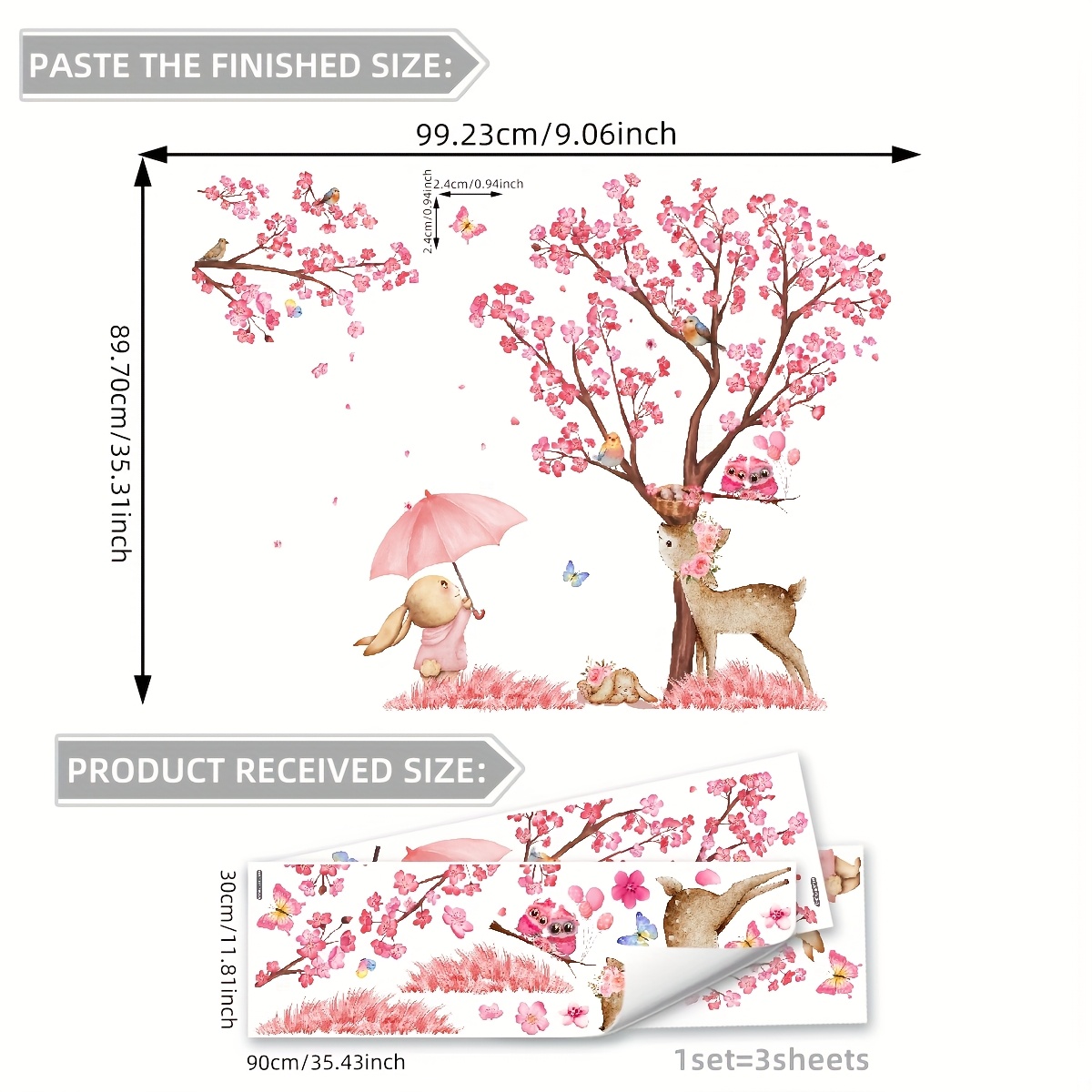 A Set Of 3 Cherry Tree Rabbit Deer Wall Stickers For Bedroom, Living Room, And Hallway Decoration, Self-adhesive M15024-yf
