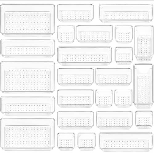 set of 25 clear storage trays for organizing desk drawers cosmetics and miscellaneous items ideal for use on dressers under beds and for desk organization flatware organizers and kitchen drawer dividers