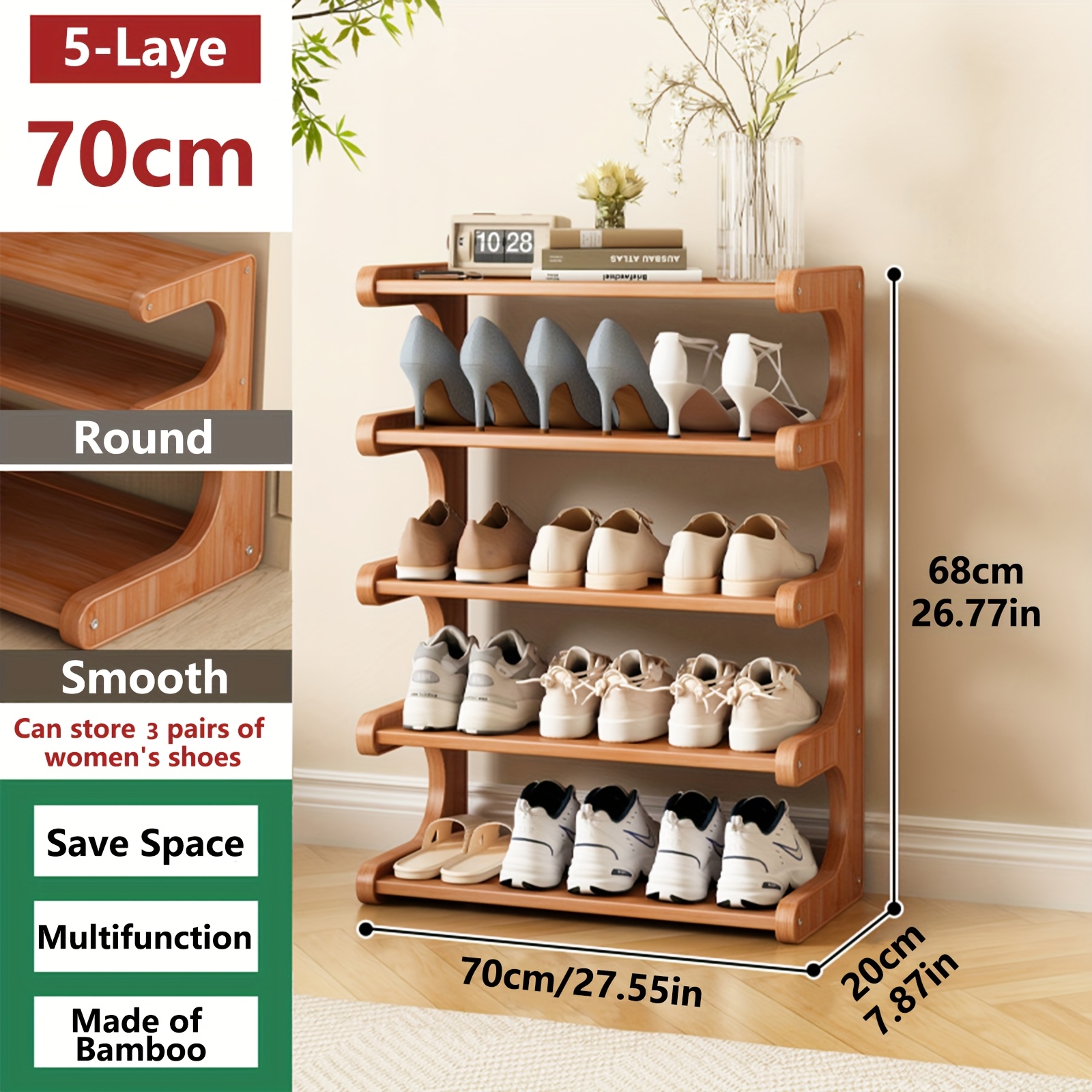 [Space Saving Shoe Rack] Space Saving 3/5/6 Tiers Bamboo Shoe Rack | Shoe Storage Organizers, Easy to Assemble, Sturdy Bamboo Rack for Front Door Entrance, Entryway, Living Room, Bedroom, Garage