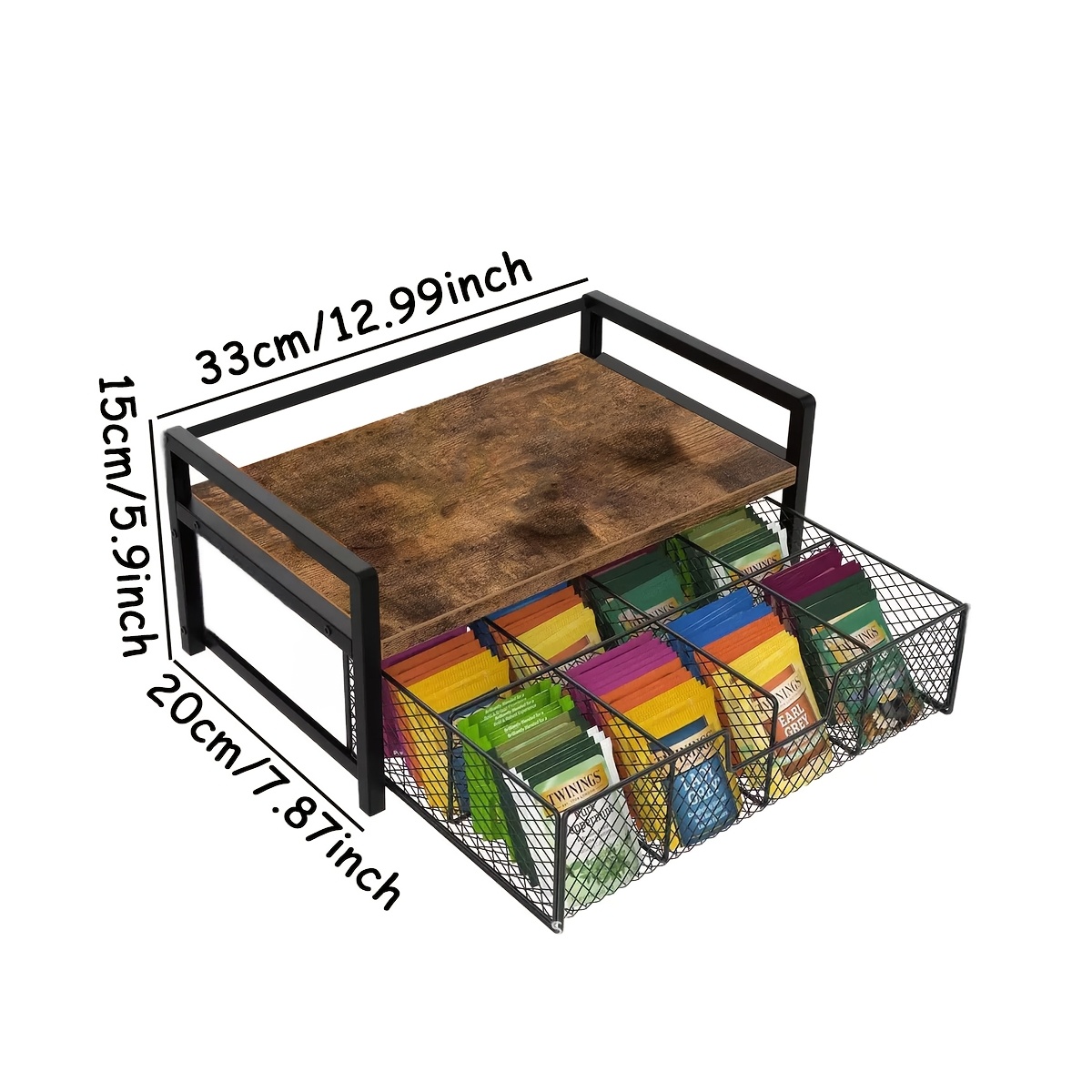 TEMU Organizzatore Porta Sacchetti di T癡, Scaffale in Legno e Metallo da Appoggio con Cesto a Rete, per Sacchetti di T癡, Cialde di Caff癡, per Cucina,
