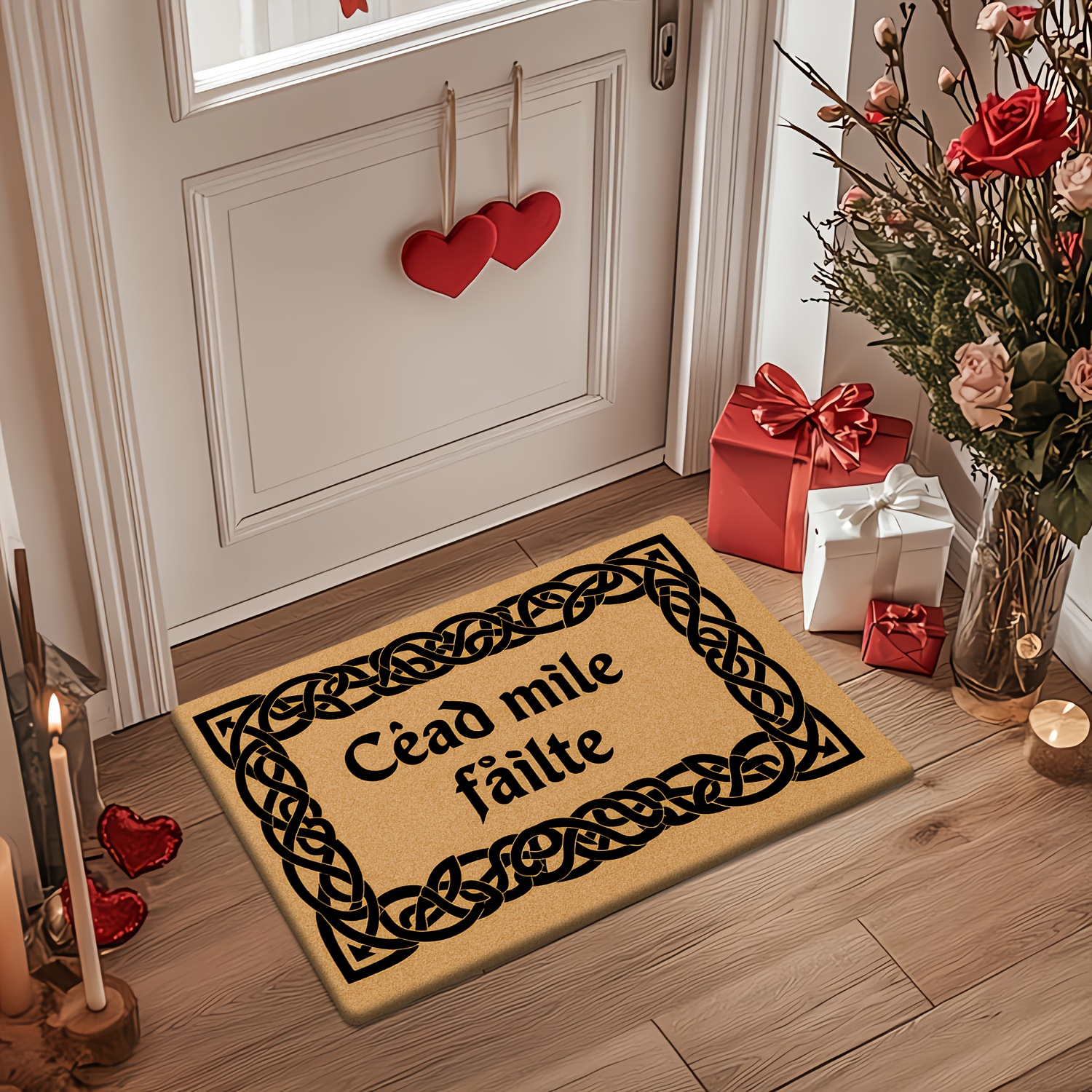 TEMU [ Goods] [flannel + 1cm Thick Sponge Material] Interesting Entrance Doormat | Shows A Complex Woven Border With A Celtic Style, With "céad Mile