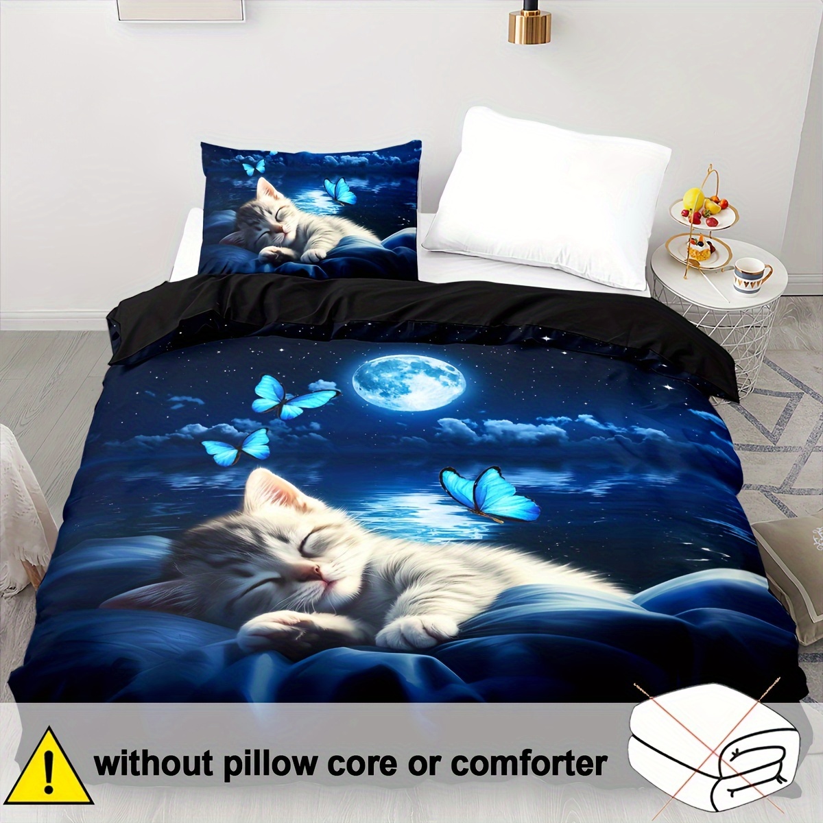 TEMU 2/3pcs Duvet Cover Set, Soft And Comfortable, White Cat Duvet Cover Twin Size, Cat Bed Set Twin Blue, Cat Twin Bedding Sets, Blue Duvet Cover