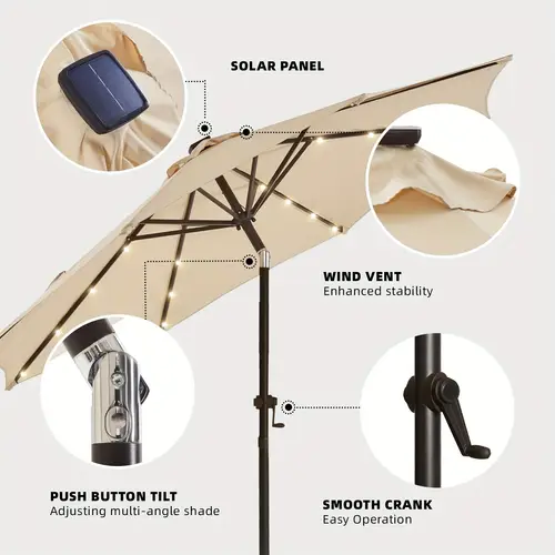 9ft solar patio umbrella solar lights led lighted outdoor umbrella upf50 uv protection with push button tilt crank for pool deck and garden patio outdoor umbrella two umbrella options light included