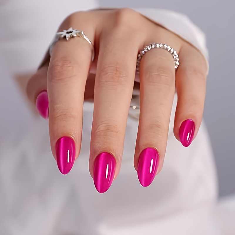 24pcs Oval Rose-colored Cat Eye Press-on Nails, Rose-pink Glossy Design, Suitable For Women And ' Wear Gift