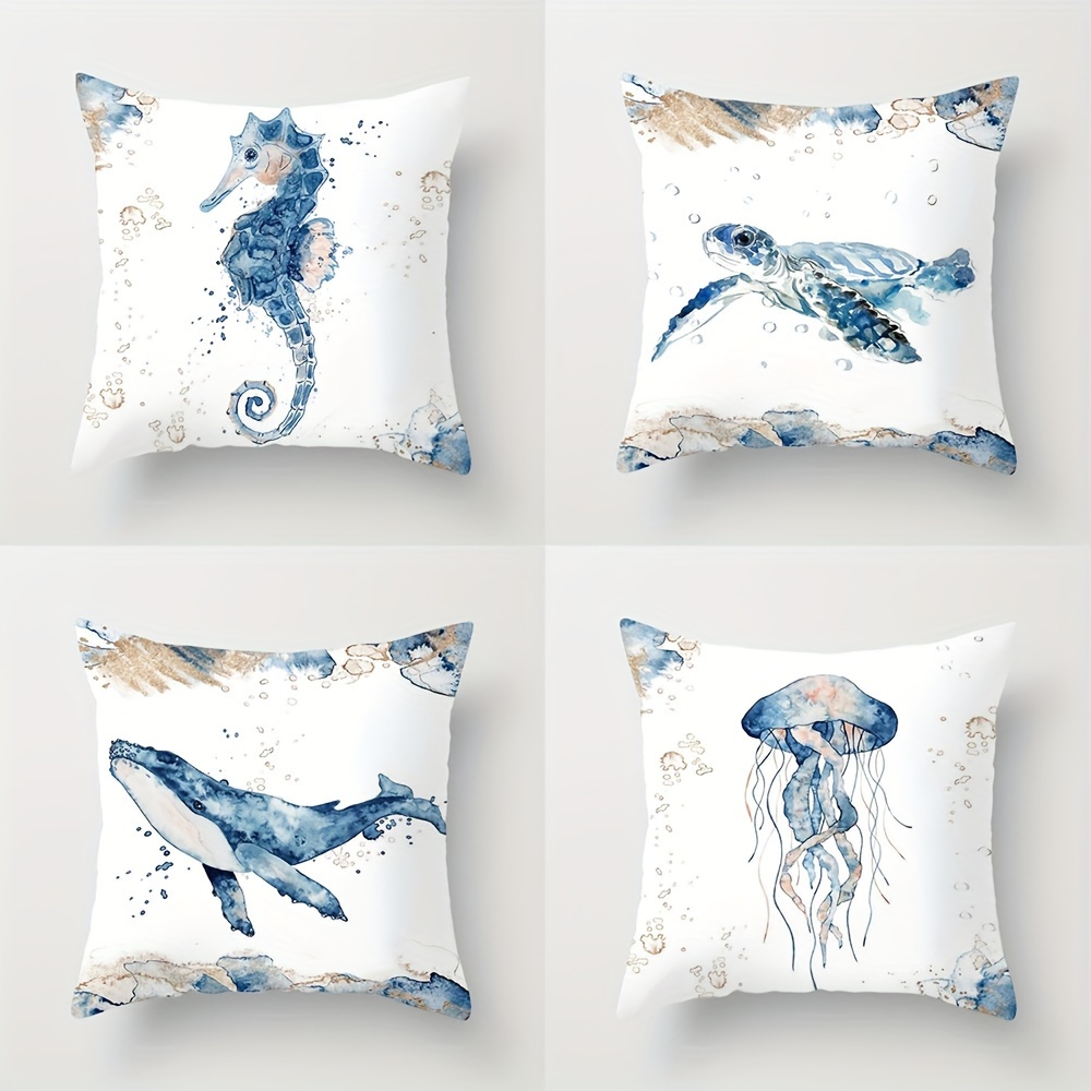 

4pcs Sea Animal Seahorse Whale Turtle Jellyfish Square Polyester Cushion Cover, Throw Pillow Cover, Bedroom Accessories, Sofa Cushion Cover, Living Room Throw Pillow Cover (no Pillow Core)