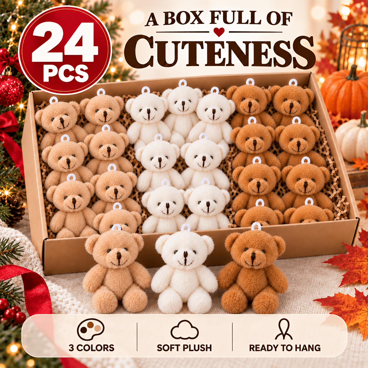 TEMU 24pcs Mini Plush Teddy Bear Charms, 3-color Assorted Small Stuffed Bear Pendants For Keychains, Gift Bags, Crafts And Party Favors