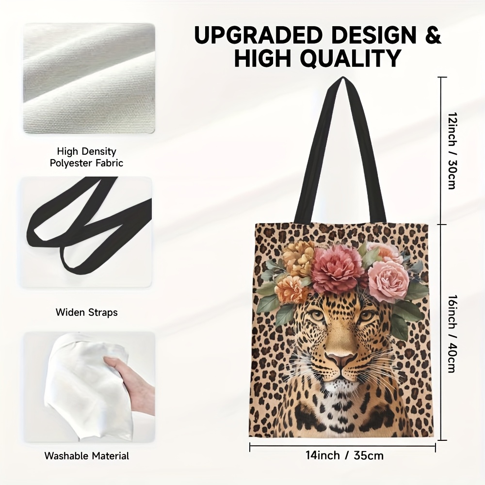 1pc Leopard & Floral Print Canvas Tote Bag – Stylish Single Shoulder Shopping Handbag, Durable Polyester Material, Perfect For Casual & Garden