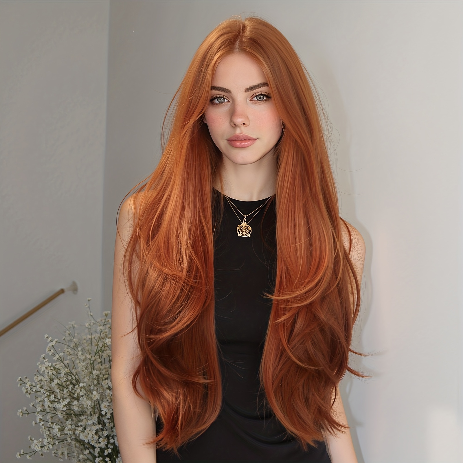 TEMU 32-inch Women's Center-parted Fluffy High-density Synthetic Heat-resistant Long Straight Wig, Versatile And Suitable For Everyone, Perfect For