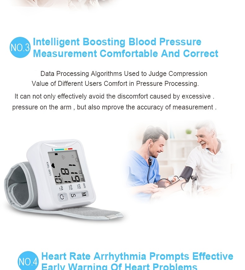 w01 wrist   bp blood pressure meter stethoscope   precise measurement lcd display voice broadcast suitable for high and low blood pressure heart rate irregular detection battery not included Product details 7