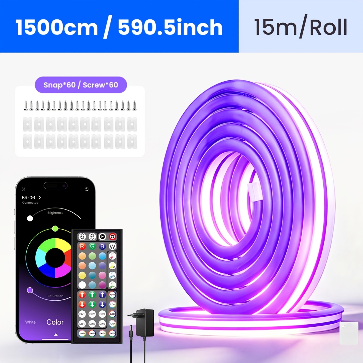TEMU Tira de luces LED inteligente IP67 tipo neón, control por aplicación y control remoto, sincronización de , función de temporizador, de color,