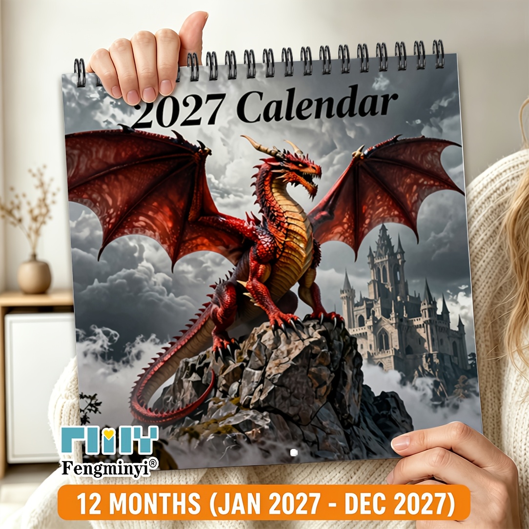 TEMU 2d Flat 1pc Planners, 2027 Wall Calendar 2027 Fantasy Dragon Theme Calendar 12-month Monthly Planner 8.3x8.3 Inches Double Coil Hanging Calendar