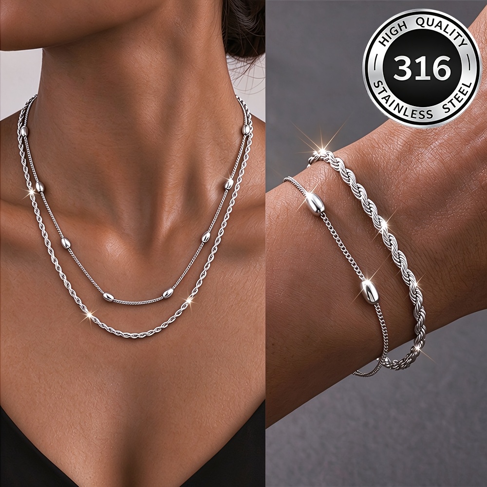TEMU Set da 4 pezzi di collana e braccialetto eleganti e in acciaio inossidabile 316 qualit�. Gioielli versatili adatti a , un accessorio versatile e