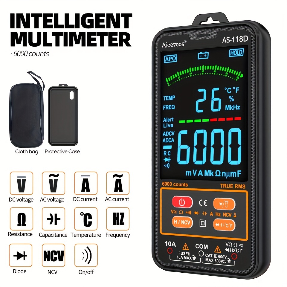 

Smart Digital Multimeter True Rms Auto-ranging Voltmeter Electrical Professional Tester Measures Dc/ac Voltage Current Capacitance Resistance Continuity Duty-cycle Temperature Frequency