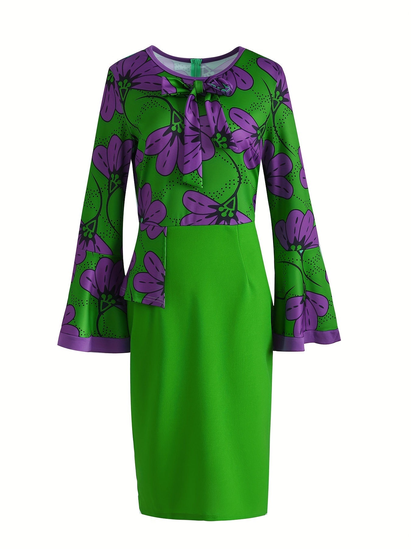 Floral Print Bodycon Splicing Dress, Bahar Ve Sonbahar Için Zarif Uzun Kollu Elbise, Kadın Giyim