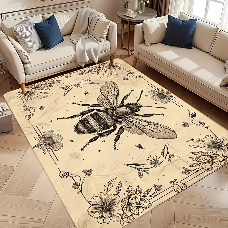 

Machine Washable Bee And Floral Pattern Doormat - Rectangular, Non-slip Pvc Backing, Polyester, Indoor Entrance Rug For Bathroom, Kitchen, Living Room, And Bedroom Decor - 1 Piece/area Under 2.16m²