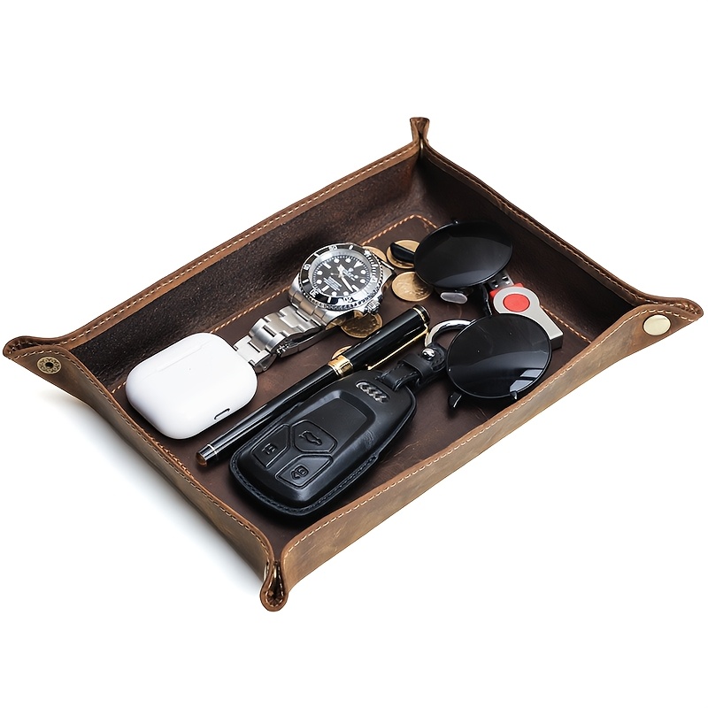 Image of Vintage Genuine Leather Tray, Handmade Full-grain Top-layer Cowhide, Creative Rectangular Office Desktop Decorative Organizer For Sundries, Keychains, Glasses, And Watches, Home Storage Tray
