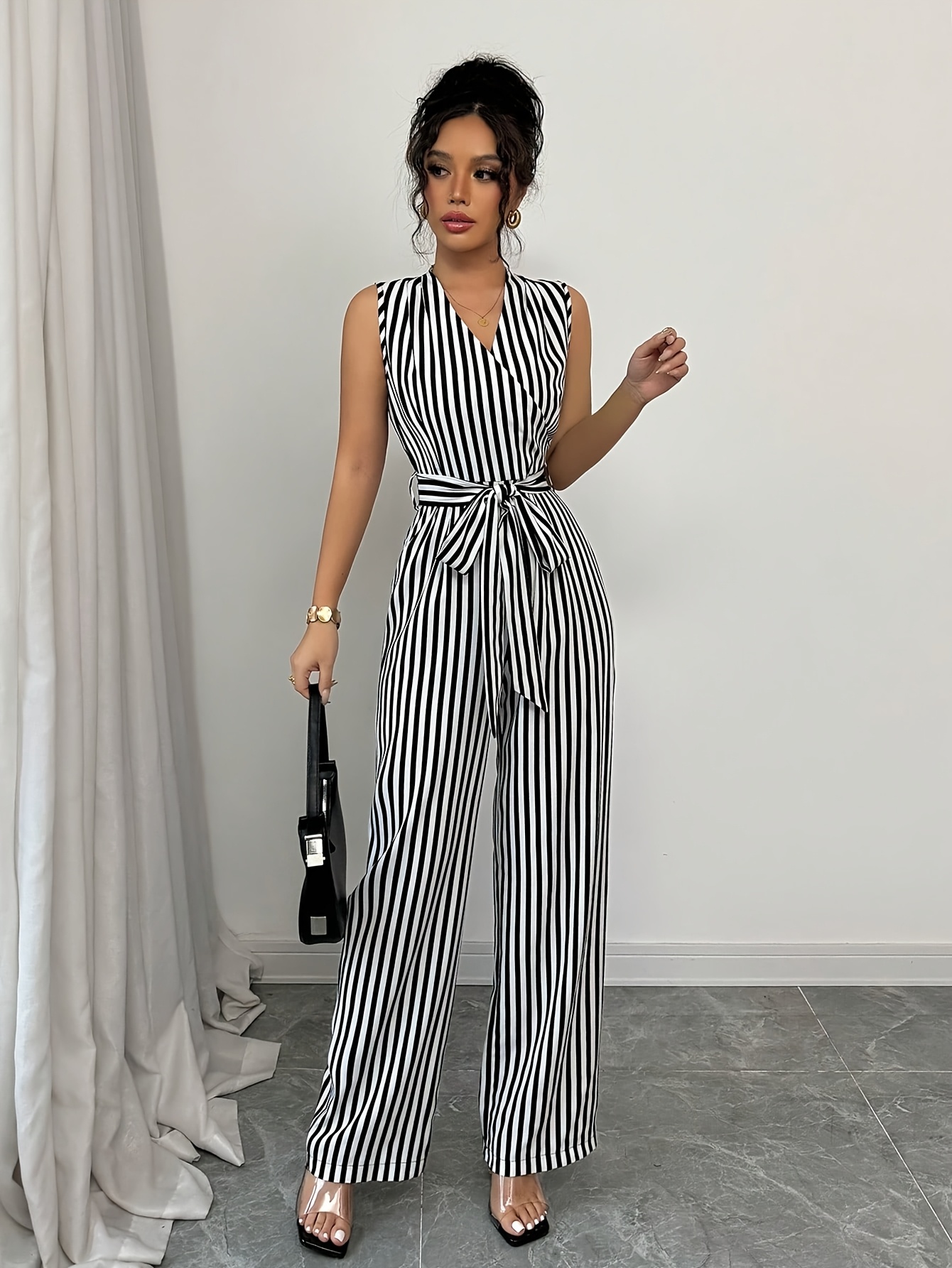 womens elegant striped overlapping v neck sleeveless Temu Canada