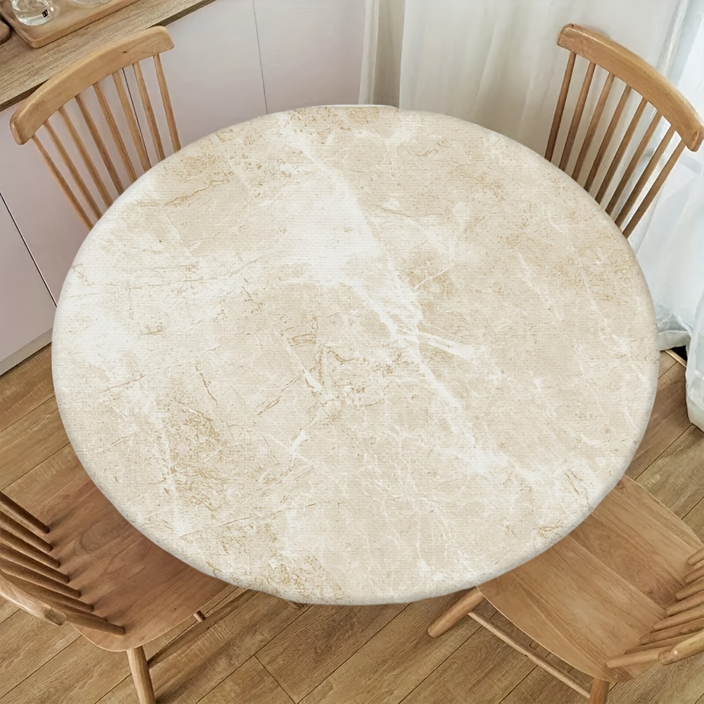 TEMU 1pc Pack, 2d Flat-printed Marble-pattern Elastic Round Tablecloth With An Design, Easy To Clean And Reusable, Suitable For Kitchen Dining Rooms,
