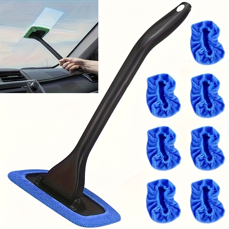 7pcs Set - Windshield Cleaning Tools With 6 Reusable Cloth Pads. Car Interior Window Cleaning Rods. Car Wiper Brush. For Cleaning Dust And Stains (blue), Without Battery