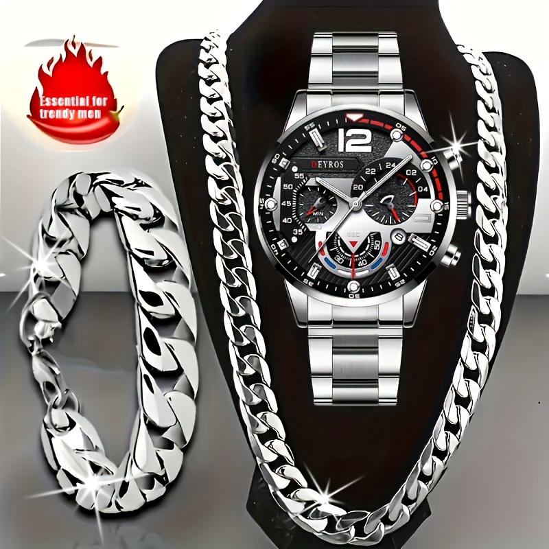 TEMU 3pcs Men's Watch And Matching Necklace/bracelet Combo - Luxury Quartz Wristwatch With Matching, Elegant & Matching For Daily Wear, Gifts For Him (, Anniversary, Thanksgiving) - Stylish Complete