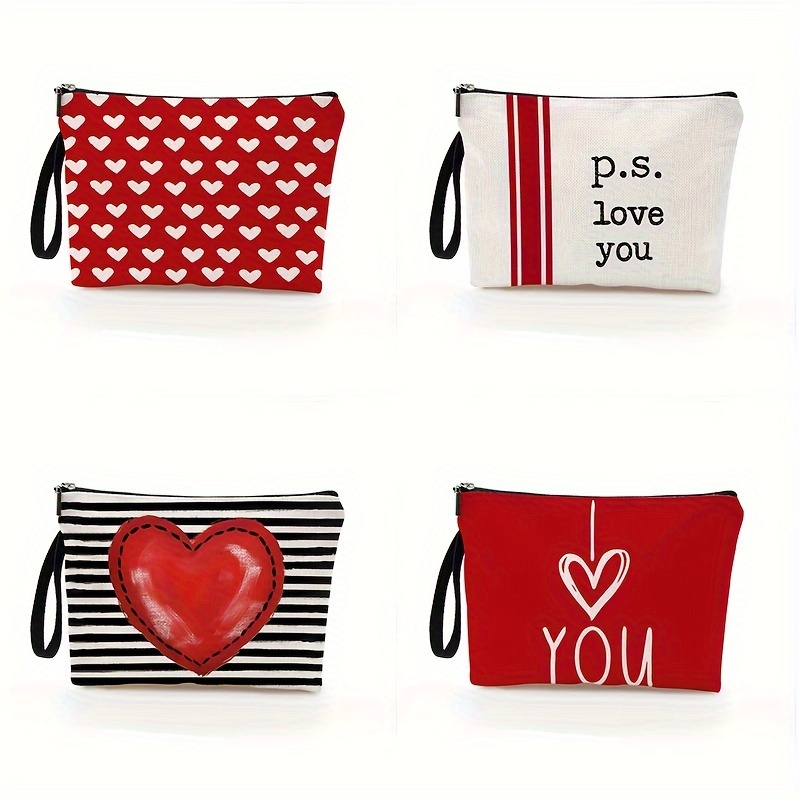 TEMU 1pc/4pcs Stylish Women's Makeup Bag, Featuring Heart And Letter Designs, Polyester, Suitable For Holiday And Daily Use Zipper Bag, A Perfect Gift For Women, Measuring 6.7 Inches X 9.9 Inches.