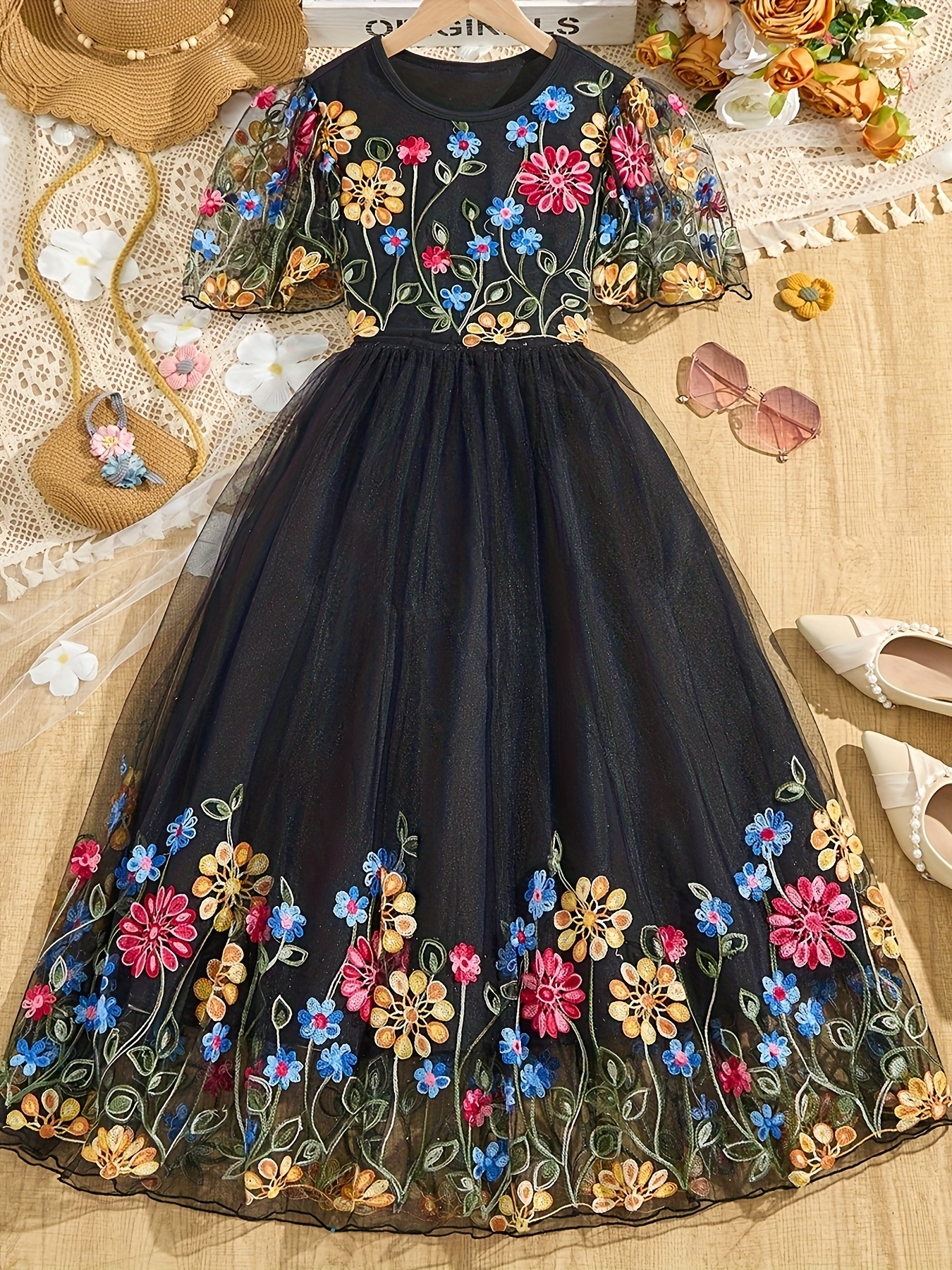 blue dress for baby girl Diana Embroidered Black Floral Dress main image 1
