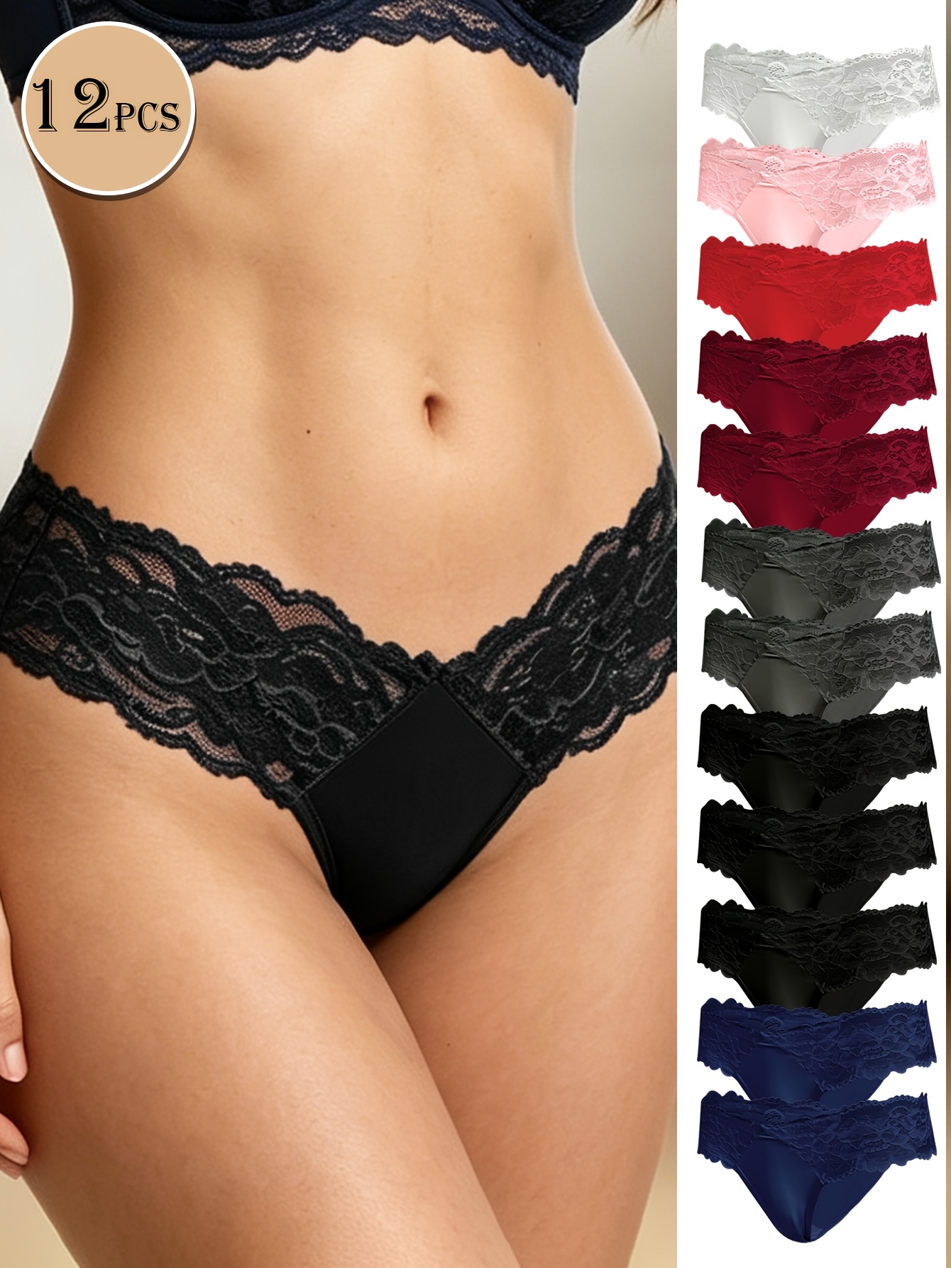 12pcs Women's Thong Underwear - Sexy Lace Trim V-Thong Panties, Soft Breathable Multi-Color Assortment (Navy, Burgundy, Black, Grey, Pink) - Comfortable Stretchy Everyday Low-Waist Lace-Like Undies for All-Day Wear