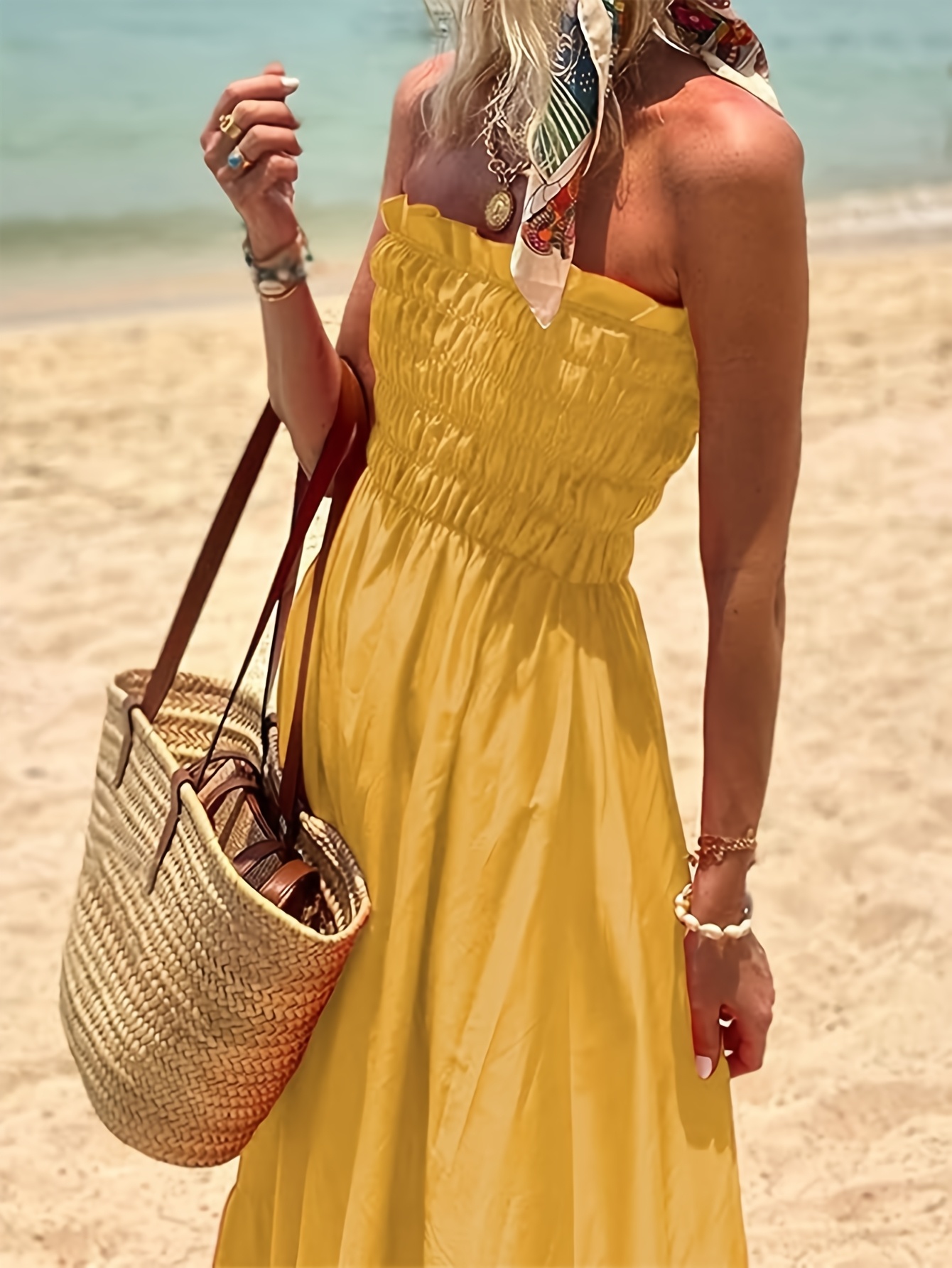 summer womens beach vacation dress yellow dress tube top - Temu Oman