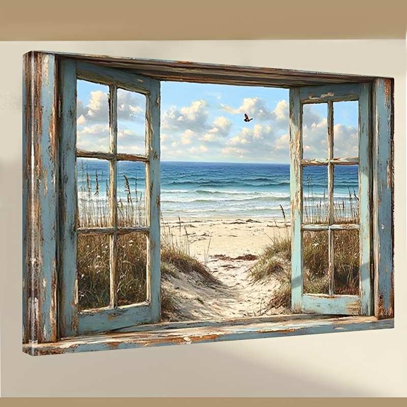 1pc peinture côtier - vue sur locéan avec fenêtre turquoise, toile   à   pour salon, chambre, cuisine ou salle de bain - décoration intérieure/extérieure thème plage -   cadeau maison ou appartement, cadre vieilli
